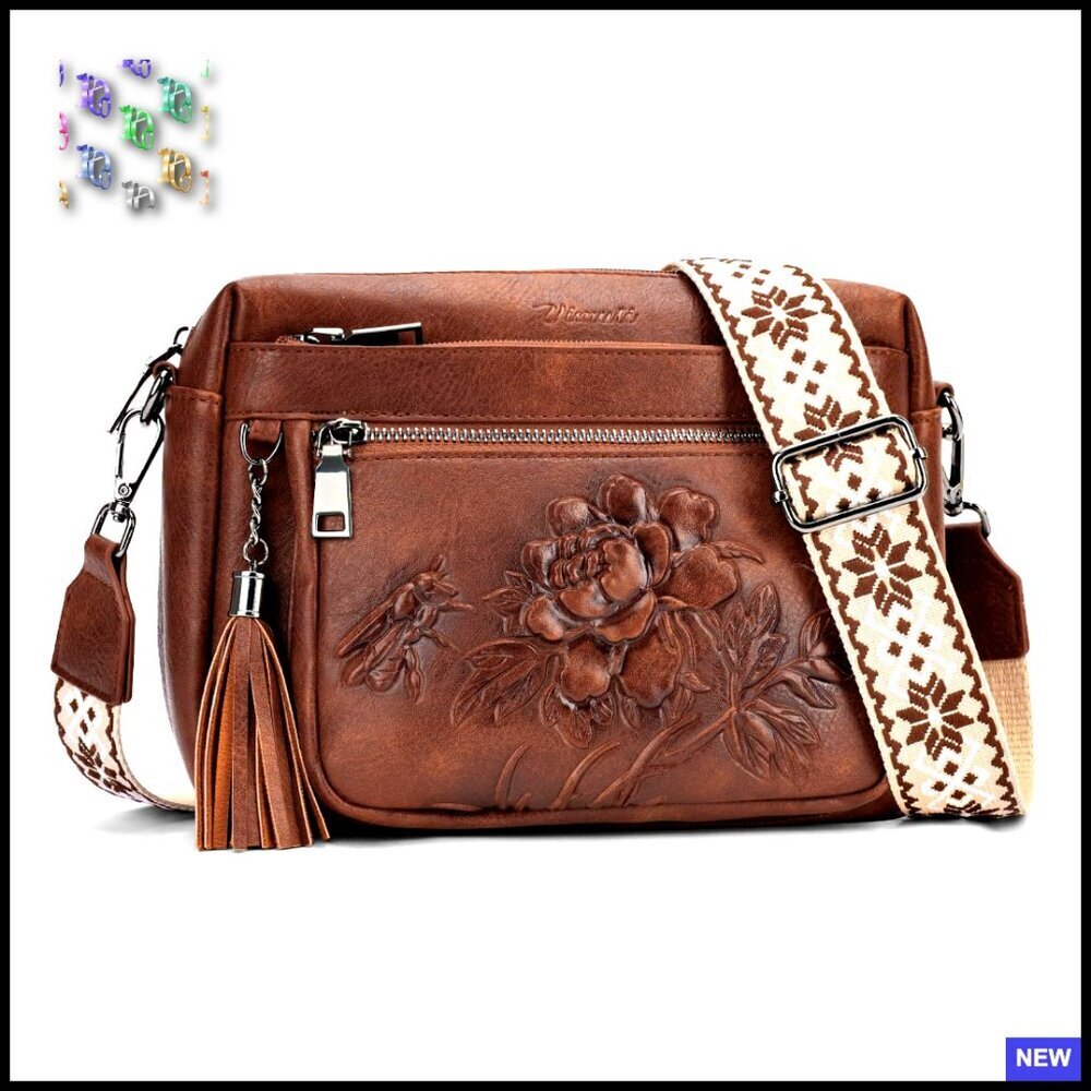 Vegan Leather Crossbody Bag Embossed Floral Design Adjustable Strap Medium Purse